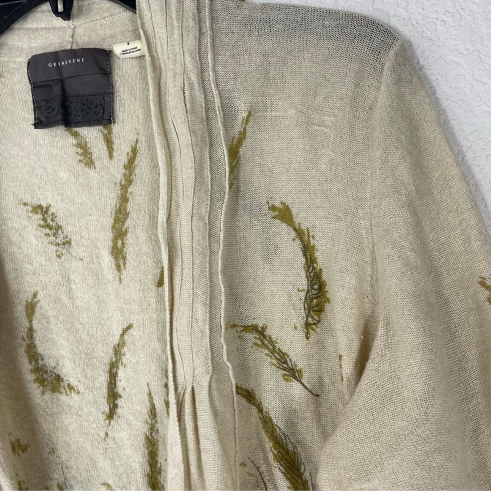 Anthropologie thin knit ecru gold metallic feather print open cardigan sweater M - Picture 7 of 11